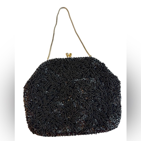 La Regale Handbags - Vintage La Regale Black Beaded Evening Bag Gold Kiss Lock Clutch
